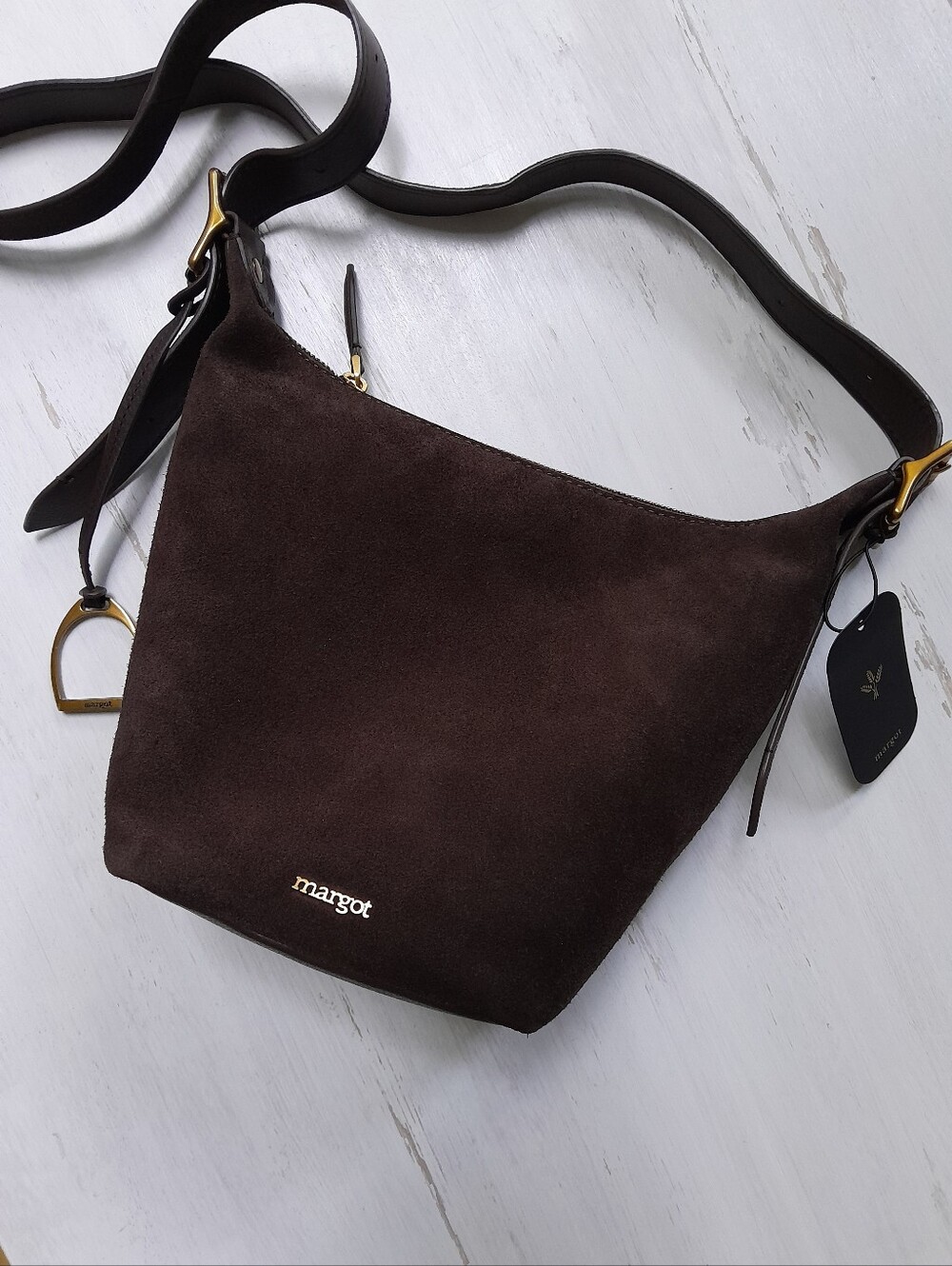 margot Sienna Bucket Bag Brown Suede Leather Equestrian Stirrup